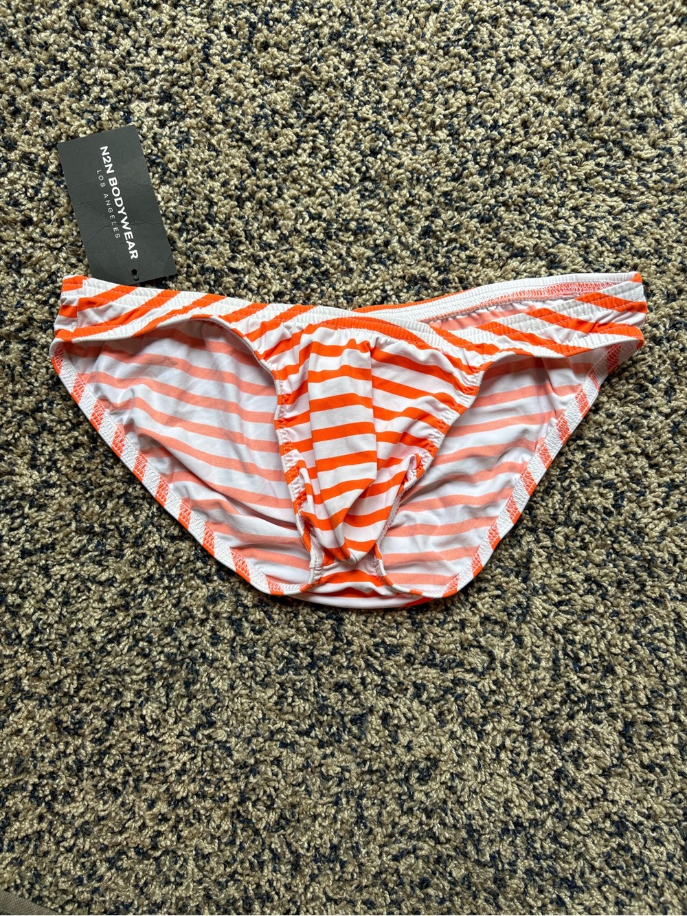 N2N Bodywear Men's Andy Stripe Swim Bikini Briefs Orange/White Medium NWT